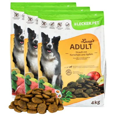 Produktbild von 12 kg Lecker.Pet® Luna's Adult Strauß mit Kartoffel & Apfel Hundefutter Trockenfutter Vollnahrung