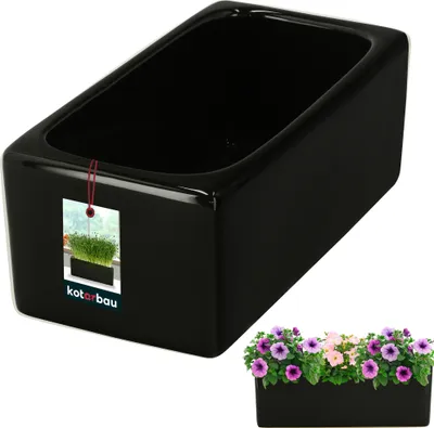 A black rectangular planter pot with a tag attached, and a smaller inset image of the same pot filled with flowers.