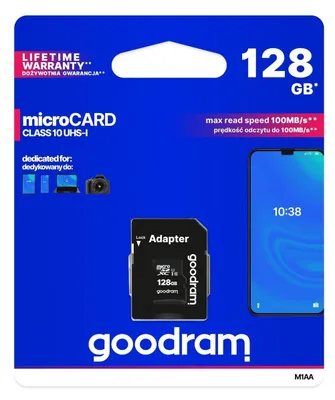 Zdjęcie produktu dla Goodram M1AA, 128 GB, MicroSDXC, Klasa 10, UHS-I, 100 MB/s, 10 MB/s