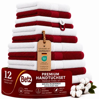 Produktbild von Betz 12-tlg. Handtuch-Set PREMIUM 2 Duschtücher 4 Handtücher 2 Gästetücher 2 Seiftücher 2 Waschhandschuhe  Farbe: weiss / rubinrot, KI-generiertes Bild