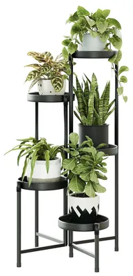 Image de Support à fleurs en métal à 5 niveaux, étagère moderne pour plantes d'intérieur et d'extérieur, support robuste à plusieurs étagères, support à fleurs peu encombrant pour le salon, le balcon et le jardin.