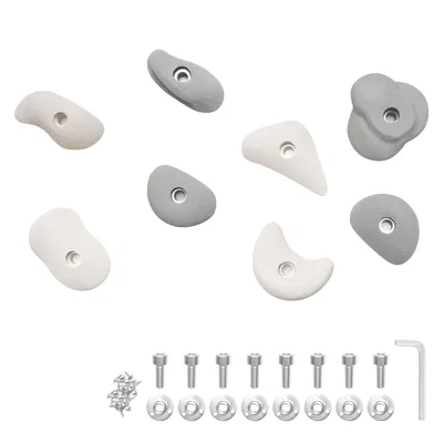 A collection of climbing holds and hardware on a white background.