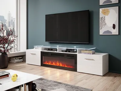 Obrázok produktu pre TV stolík s elektrickým krbom OKEMIA - biely / lesklý biely + LED osvetlenie ZDARMA