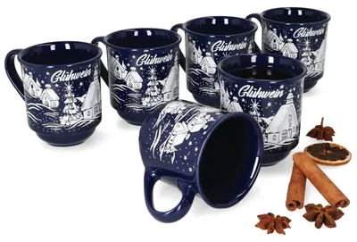 Produktbild von 6er Set Glühweinbecher 0,2L dunkelblau Weihnachtslandschaft Porzellan Glühweintassen geeicht