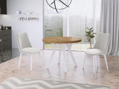 Produktbild von Designer Runder Ausziehbarer Esstisch - Loft-Stil, Industriell, Platzsparend - Weiße Beine - 100 bis 150 cm - für 5-8 Personen - Hergestellt in EU - Lancelot Eiche - 150 cm