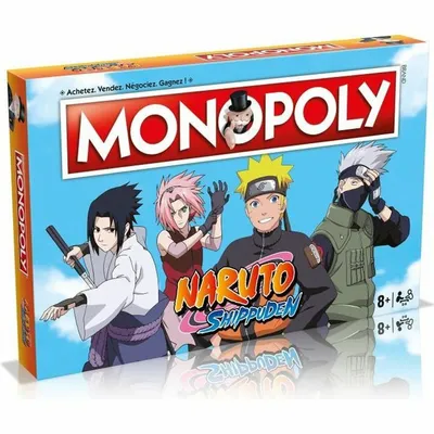 The image shows the front of a Monopoly board game box featuring characters from the anime series Naruto Shippuden.