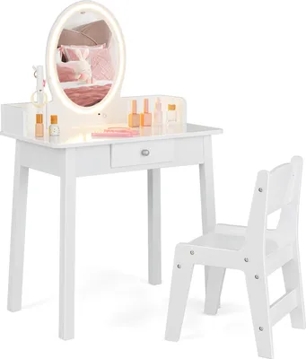 A white vanity table with an oval illuminated mirror and a matching white stool, set against a white background.