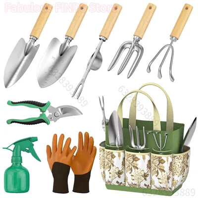 Produktbild von Gartengeräte-Set, 9-teilig – Edelstahl – Holzgriffe – Für die Gartenarbeit