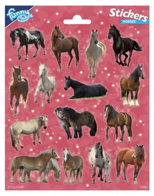 A collage of horse stickers on a pink background with white stars.