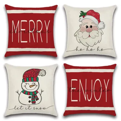 4 Weihnachtskissenbezüge 50x50 cm, Leinenoptik, Weihnachtsmann & Schneemann