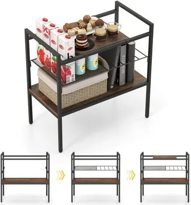 A narrow side table with shelves, displaying food items and books. Below the main image are three diagrams illustrating the assembly or configuration options of the table.