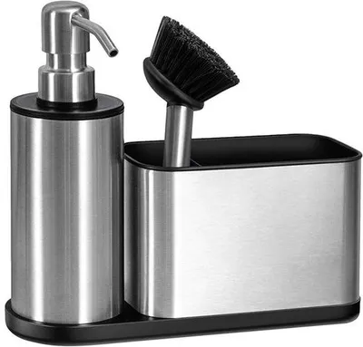 Productafbeelding van Een multifunctionele keukenorganizer met zeepdispenser, een roestvrijstalen keukenaccessoire met antislipbodem, een afwasborstelhouder en een borstelhouder