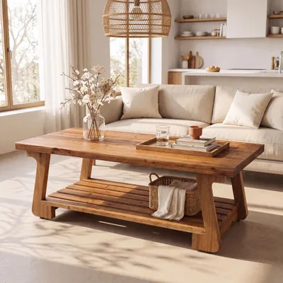 Produktbild von Couchtisch aus Massivholz, 140 cm breiter Beistelltisch mit 2 Ablageflächen für Wohnzimmer und kleine Räume, rustikales Braun