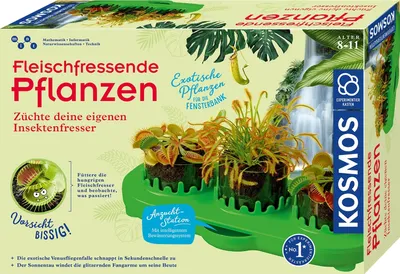 The image shows the packaging of a KOSMOS Fleischfressende Pflanzen (Carnivorous Plants) kit, featuring illustrations of the plants and the cultivation station.