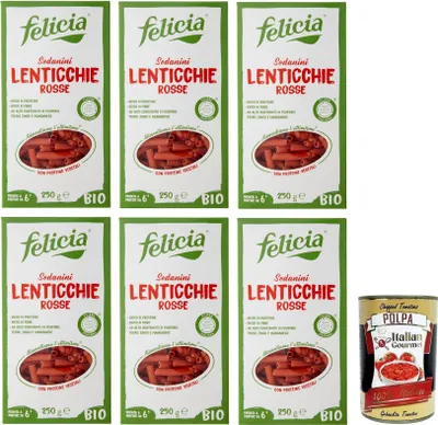 Produktbild von 6x Felicia Sedanini di Lenticchie Rosse,Pasta mit 100% Roten Linsen aus der Italienischen Lieferkette,Bio und Natürlich Glutenfrei,Packung mit 250g + Italian Gourmet Polpa di Pomodoro 400g Dose