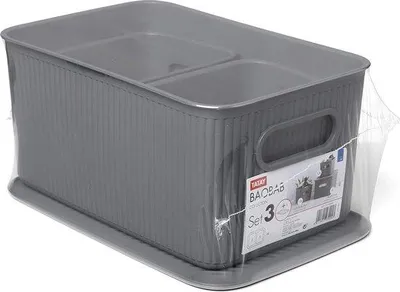 Produktbild von Unyqoos® Aufbewahrungsbox-Set mit Deckel – 3‑teilig, medium, Kohlegrau, Polypropylen (PP) BPA‑frei, 5L (18,1×27,2×13 cm) + 1,5L (12,5×16,4×10 cm), ergonomische Griffe