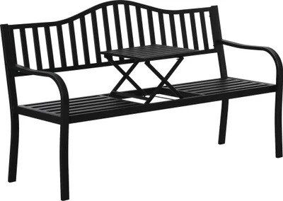 Produktbild von 2-Sitzer Gartenbank robust Parkbank mit ausziehbarem Tisch Sitzbank Bank 240kg belastbar Terrassenbank mit Rücken- & Armlehnen Gartenmöbel für Terrasse, Garten 150 x 58,5 x 90 cm Schwarz