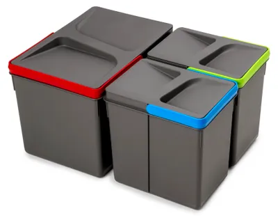 Zdjęcie produktu dla Emuca Zestaw pojemników do recyklingu do szuflad kuchennych Recycle, wysokość 216 mm, 1x12 litrów, 2x6 litrów, Plastik, Szary antracytowy
