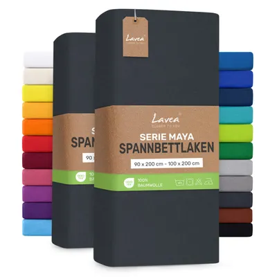 Produktbild von Lavea® 2er Pack Jersey Spannbettlaken 90/100x200 cm, 100% Baumwolle – Weiches Bettlaken für Matratzen bis 20 cm Höhe – Anthrazit