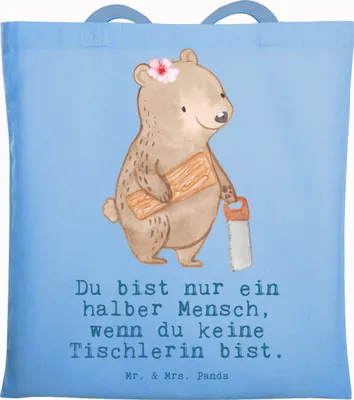 Produktbild von Mr. & Mrs. Panda Tote Bag Tischlerin Herz - Sky Blue - Geschenk, Tragetasche, Tasche, Shopping, Jutebeutel, dokumententasche, Unitasche