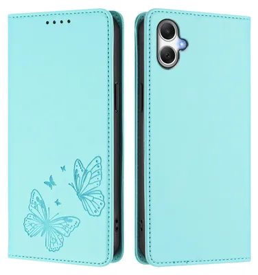 Image de Étui en cuir pour Samsung Galaxy A06 5G/4G, étui de protection type portefeuille en cuir gaufré motif papillon avec support, couleur turquoise