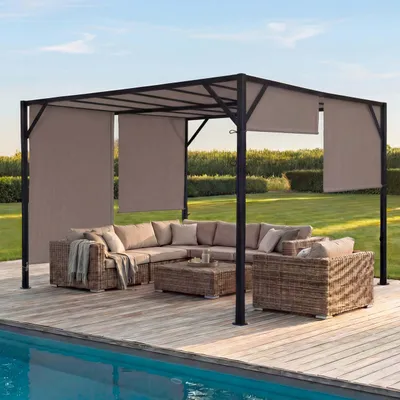 Produktbild von Pergola Baia, Garten Pavillon Terrassenüberdachung, stabiles 6cm-Stahl-Gestell + Schiebedach taupe  4x4m