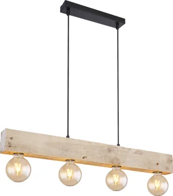 Produktbild von Globo Lighting Hängeleuchte Metall schwarz matt, Holz naturfarben, Kabel Textil schwarz, Höhe kürzbar, LxBxH: 800x60x1200mm, exkl. 4x E27 60W 230V