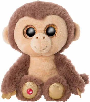 A plush toy monkey sitting on a white background.