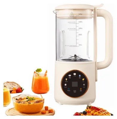 A beige blender is shown with various food and drink items, including soup, juice, bread, and waffles.