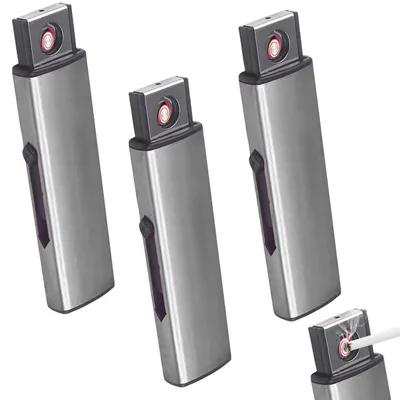 Produktbild von 3 Stück Sturmfeuerzeug Elektronisch Wiederaufladbar USB Silber Winddicht Flammenlos