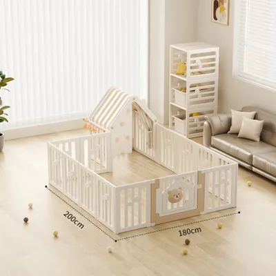 Produktbild von Kinderspielzaun mit Spielhaus, Indoor Laufstall mit Hütte, Laufstall-Set, Babyzaun mit Haus 180*200cm【FE-WL-XXL10】