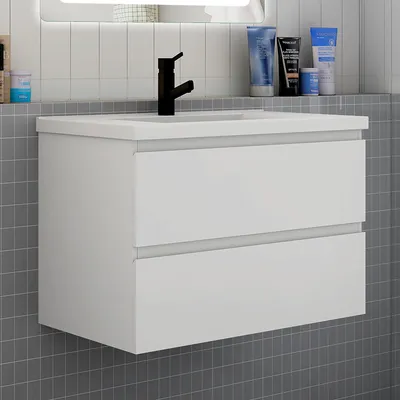 Produktbild von Badezimmermöbel 80cm CINIC-Serie Keramik Waschtisch mit Unterschrank Hängeschrank Badezimmerschränke mit 2 Schubladen Weiß Matt
