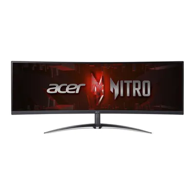 A wide, curved computer monitor with the Acer Nitro logo displayed on the screen.