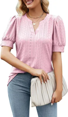 Produktbild von ASKSA Damen T-Shirt Puffärmel Aushöhlen Bluse V-Ausschnitt Sommer Kurzarm Shirts Einfarbig Lose Tops, Rosa, M