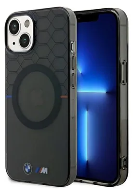 A black iPhone case with the BMW logo and pattern is shown next to an iPhone.
