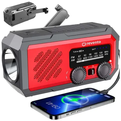 Zdjęcie produktu dla REVENTO® Ratunkowe radio solarne na korbkę, awaryjne radio z lampką LED, powerbank na smartfona 2000 mAh