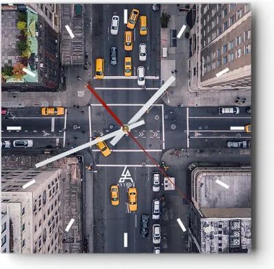 Produktbild von Wanduhr - Quadrat - Glasuhr - New York Straße - 40x40cm - Schleichendes Uhrwerk - Lautlos - zum Aufhängen bereit - Dekoration Modern - Wanddekoration aus Glas - C3AC40x40-3429