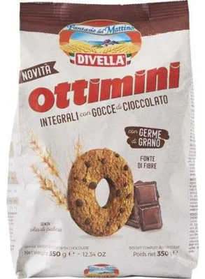 Produktbild von Divella Ottimini Integrali con Gocce di Cioccolato, Keks, Chocolate chip, 350 g, 14 g, May contain traces of soy, mustard, milk, almonds and hazelnuts., Wholemeal wheat flour 58 %, sugar, sunflower oil, fresh eggs 8.4 %, chocolate 8 % (sugar, cocoa...
