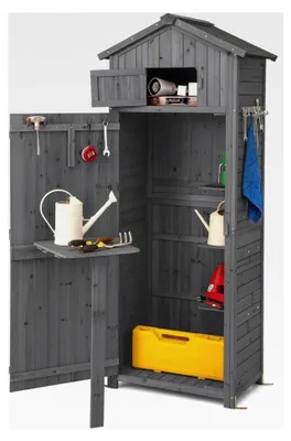 Produktbild von Gartenschrank aus Holz, wetterfestes Gartenhaus für den Außenbereich, Geräteschuppen mit Tür, Ablage und 8 Haken, Gerätehaus mit Satteldach, Gartenhütte für Terrasse, 70 x 35,5 x 176 cm (Grau)