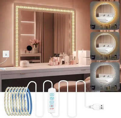 Obrázok produktu pre LED zrkadlo s osvetlením, s reguláciou jasu, 3 farby, 9 stupňov, stolná lampa a lampa na líčenie, 2 m