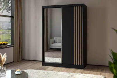 Produktbild von AGMAT Schwebetürenschrank Lugo, Kleiderschrank mit 2 Türen und Spiegel, Moderne Garderobe in Farbe: Schwarz / Schwarz, Schrank in Größe: 150 x 216 x 61 cm