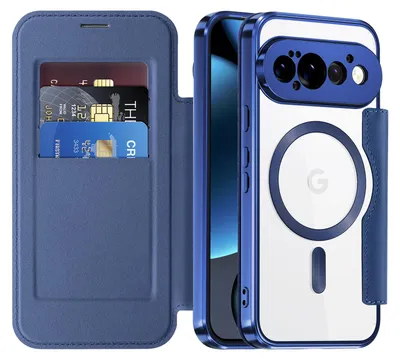 Image de Étui pour Google Pixel 11 Pro, compatible avec MagSafe, étui transparent avec porte-cartes, étui en cuir avec protection pour l'appareil photo, couleur bleu