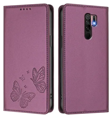 Image de Étui en cuir pour Xiaomi Redmi 9, motif papillon, étui à rabat avec porte-appareil, violet