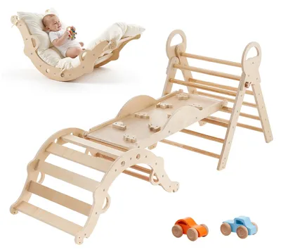 Produktbild von SucceBuy 9-in-1 Kletterspielzeug für Kinder, mit Holzautos, Kissen, Kletterdreieck, Rutsche und Kletterbogen, belastbar bis 68 kg, Montessori Indoor-Spielset für Kinder von 1 bis 3 Jahren
