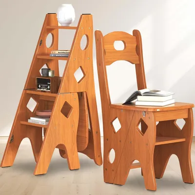 Image de Chaise bibliothèque pliante en bois massif avec 4 marches