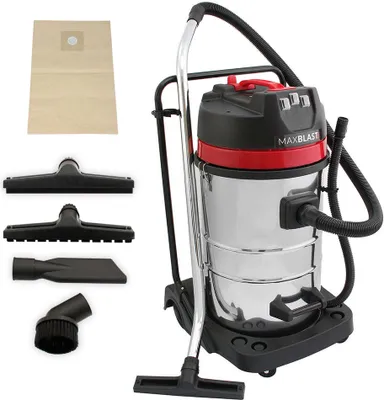 A wet/dry vacuum cleaner with various attachments and a dust bag, displayed against a white background.