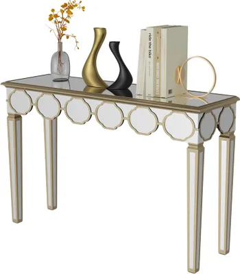 A mirrored console table with decorative vases and books on top, presented on a white background.