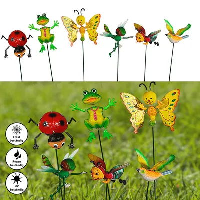 Produktbild von Gartenstecker 6er Set Wackeltiere bewegliche Flügel Marienkäfer Frosch Schmetterling Vogel Käfer Grashüpfer Metallstab 60cm