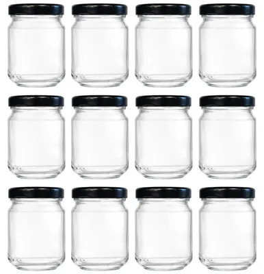 Productafbeelding van 12 kleine afsluitbare glazen potjes van 100 ml met zwarte deksel