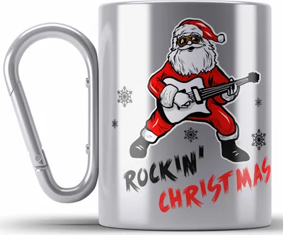 Produktbild von Trendation -  Rockin Christmas Edelstahl Tasse Karabiner Weihnachten WeihnachtsEdelstahl Tasse Karabiner Rock N Roll Heavy Metal Geschenk Geschenkidee Metal Fans Rockmusik Karabiner Edelstahl Tasse Karabiner Edelstahl (Silber)